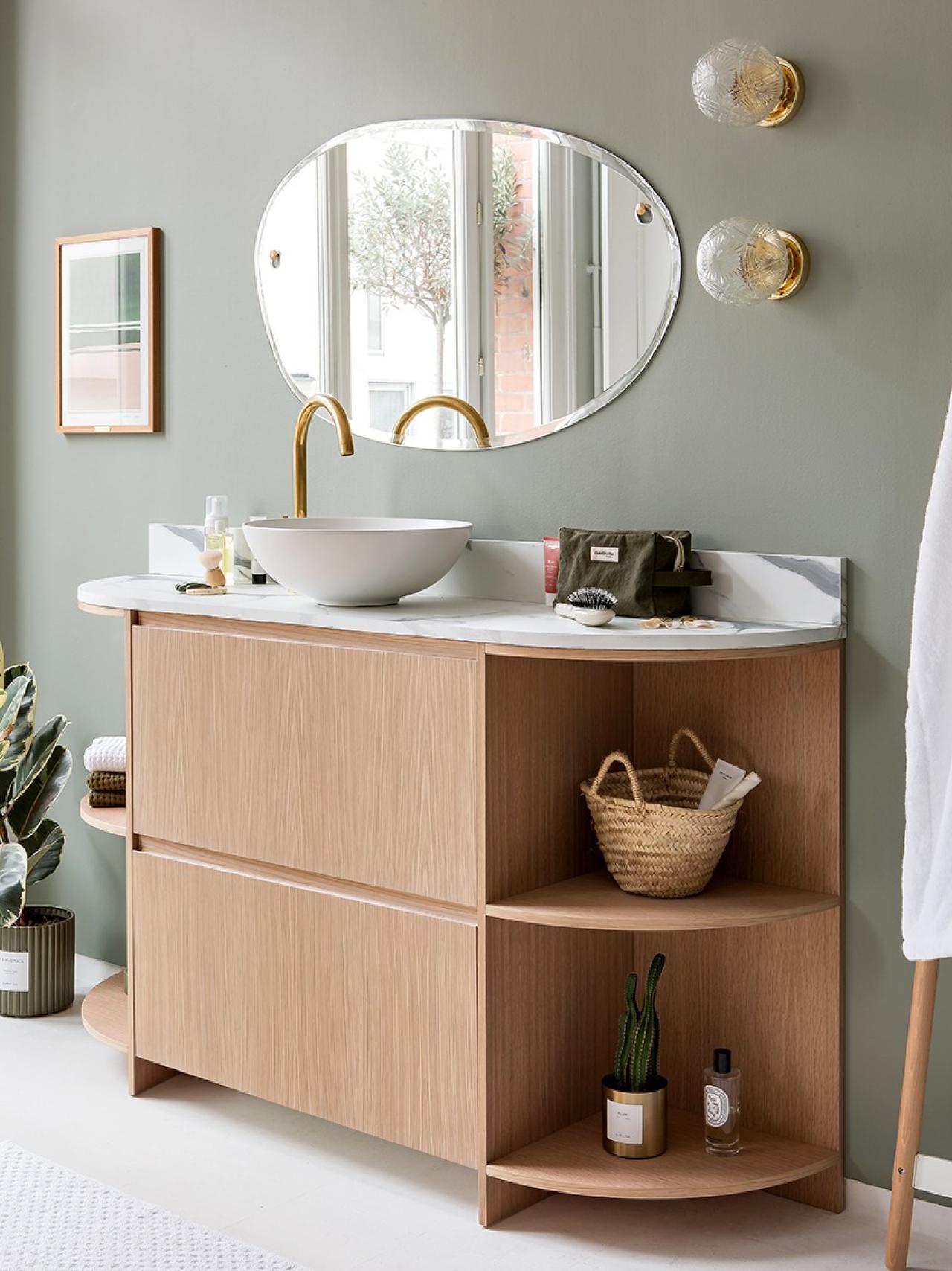 An open cabinet bathroom vanity