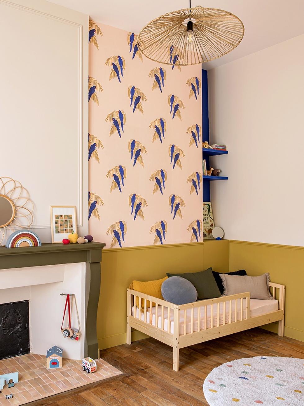 Kids room with Ocre and Olive paint, and wallpaper