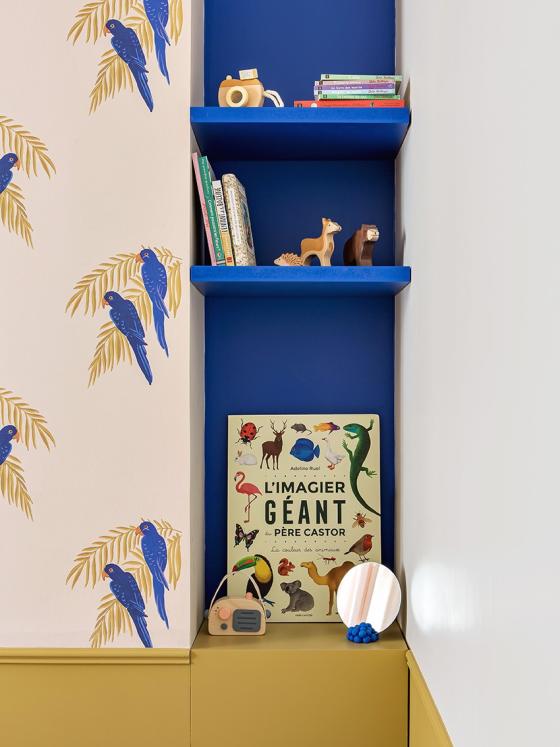 Kids room with storage niche painted in Electric blue and Ocre