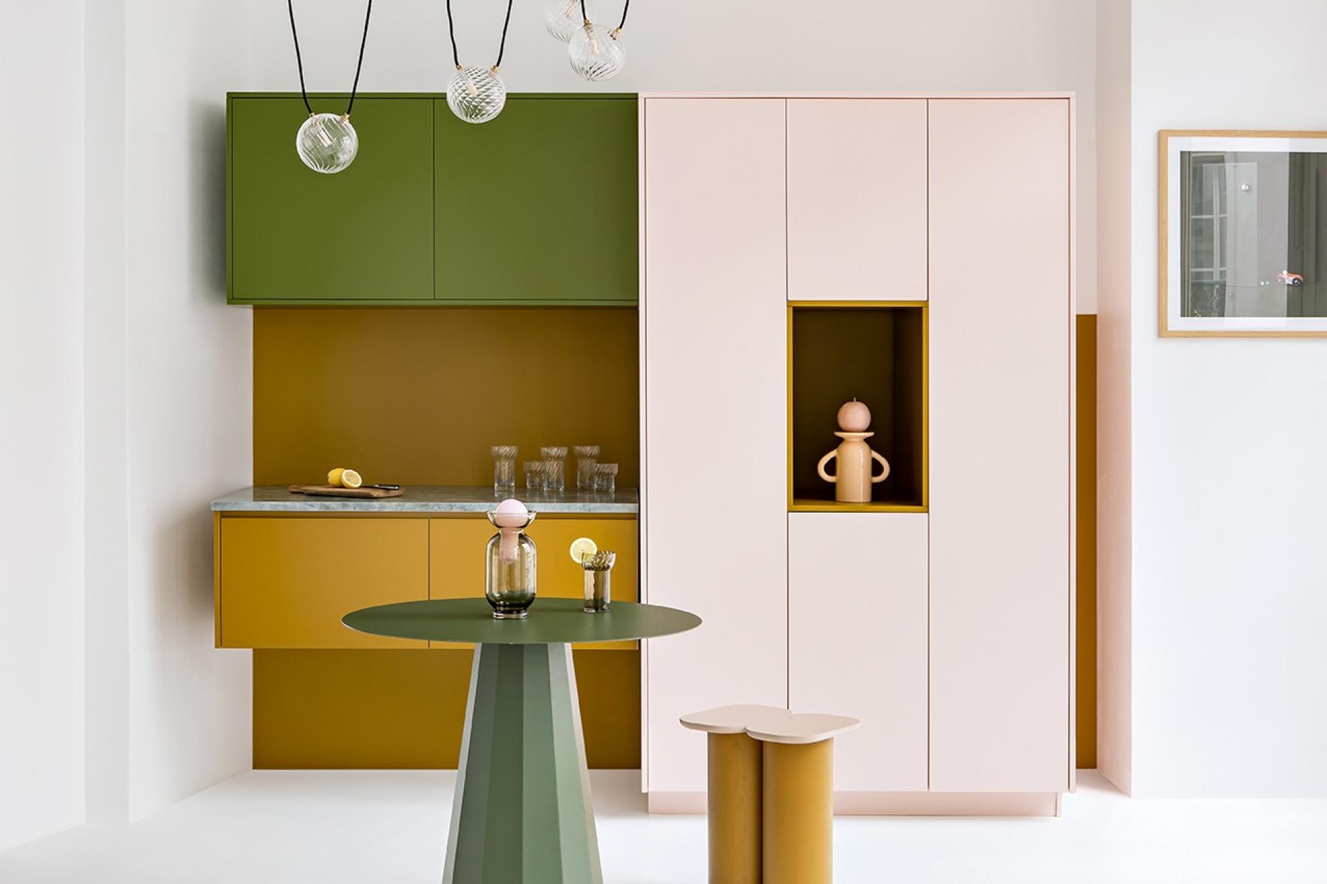 A kitchen in Ocre, Rose calcaire and Romarin by Margaux Keller