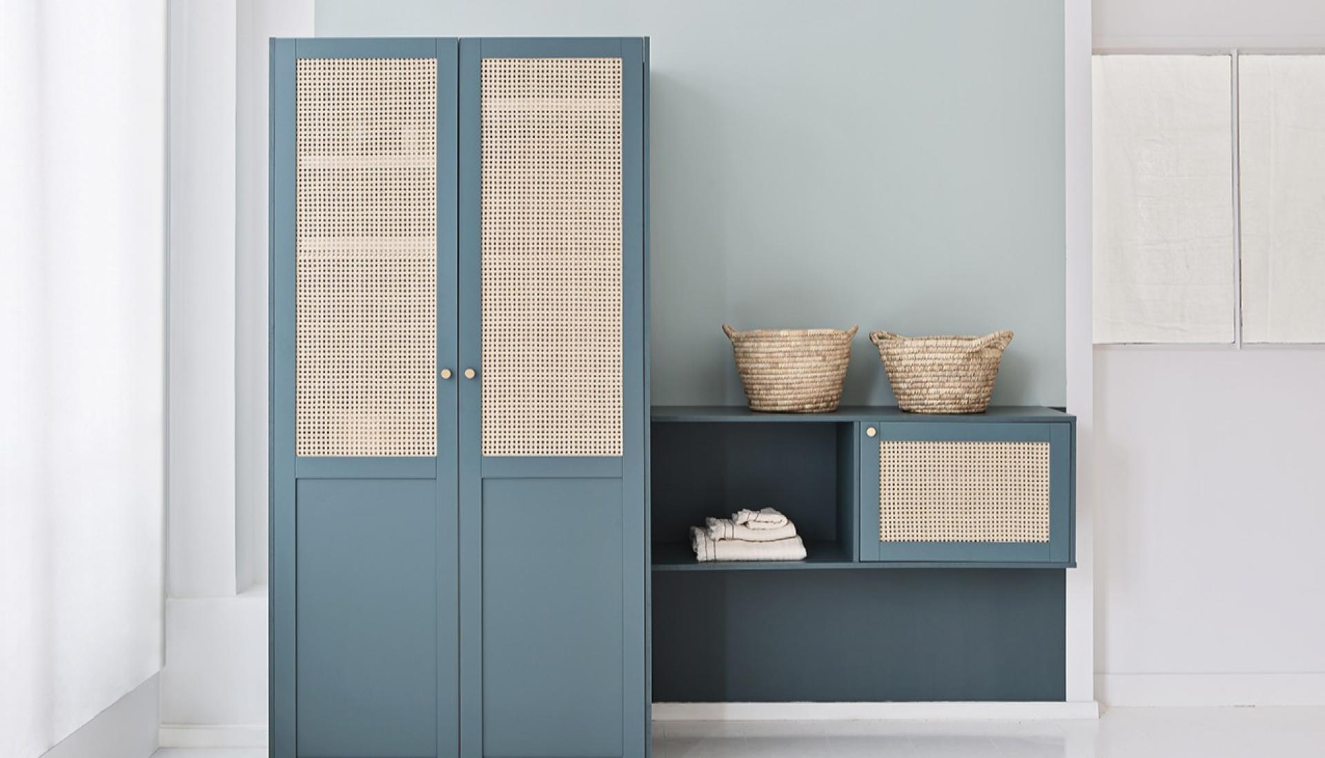 Bleu paon and amandier grisé cane laundry cabinet