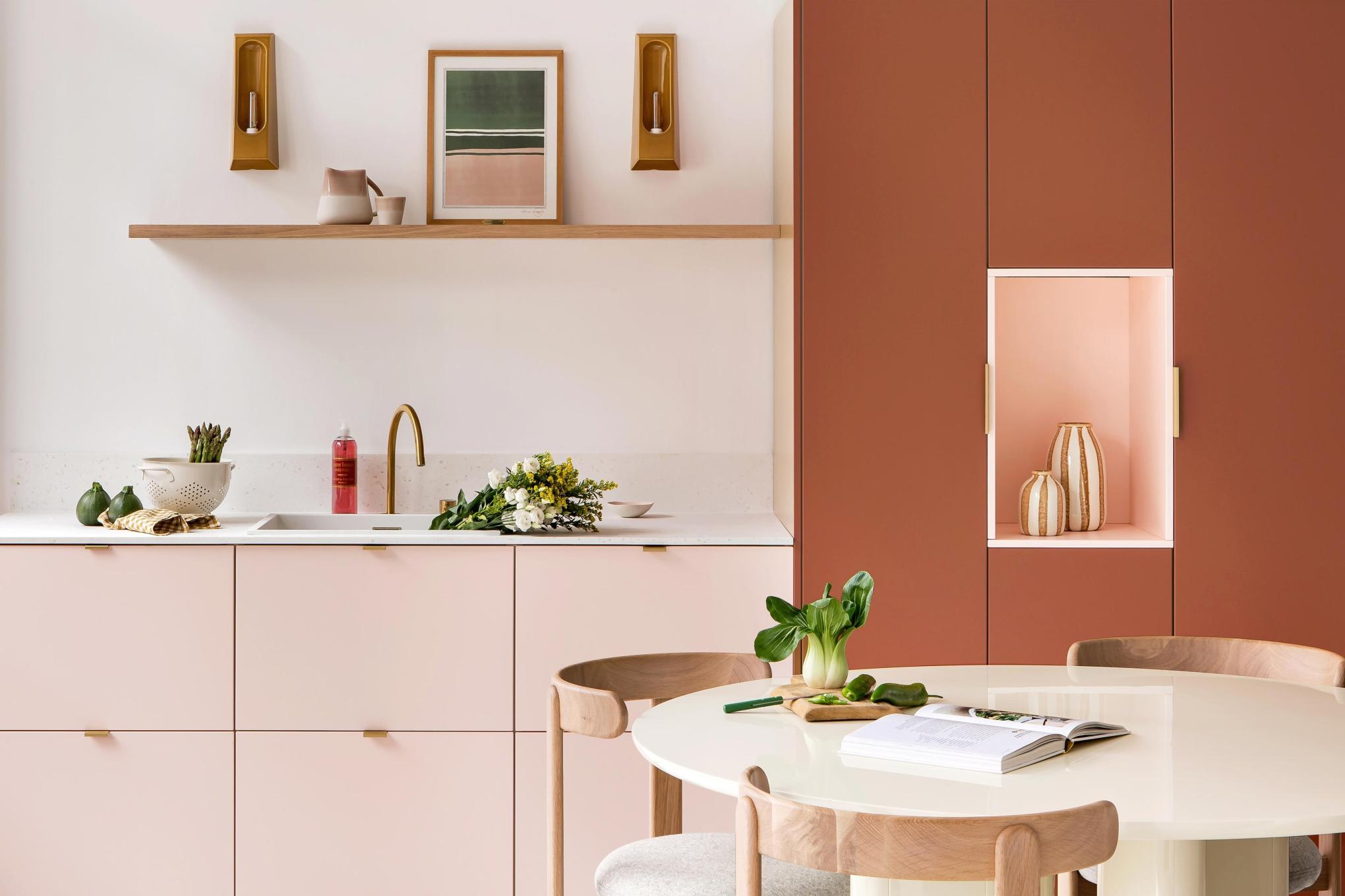 Pink and Fauve Kitchen with brass details