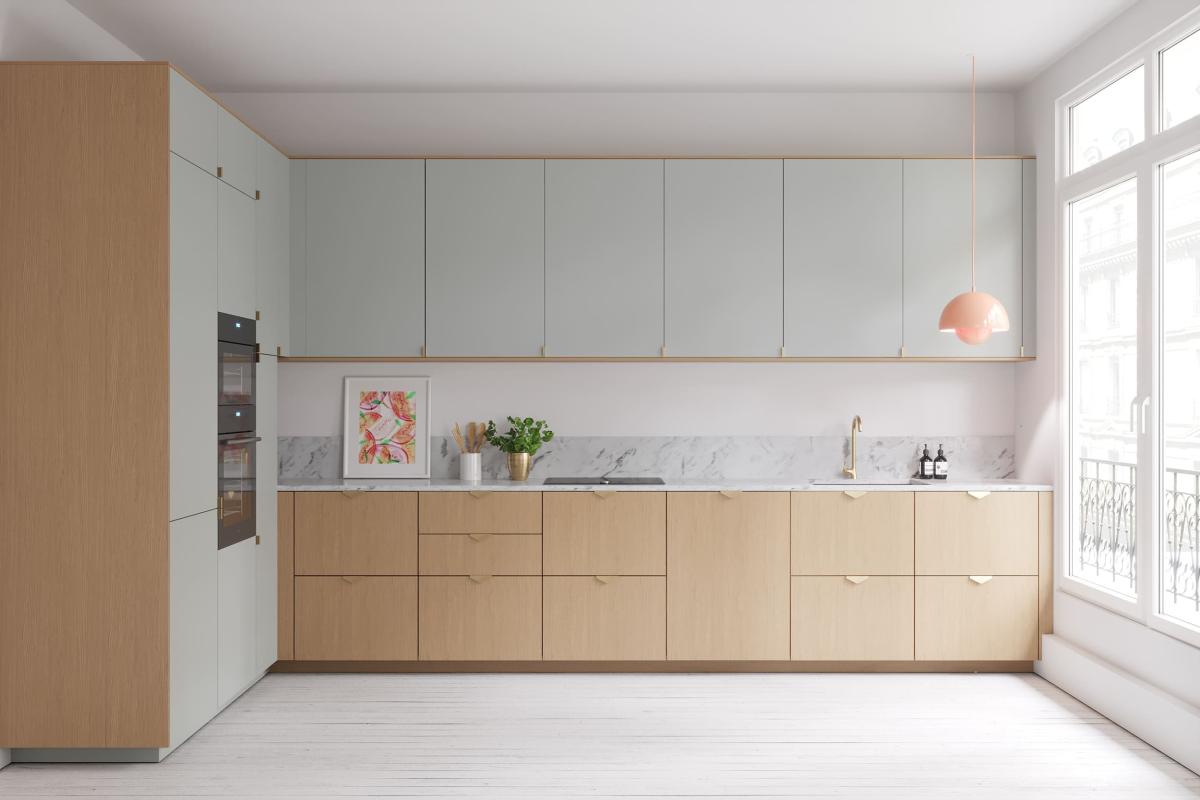 Two-tone kitchen in Natural oak and Green 01 - Amandier grisé