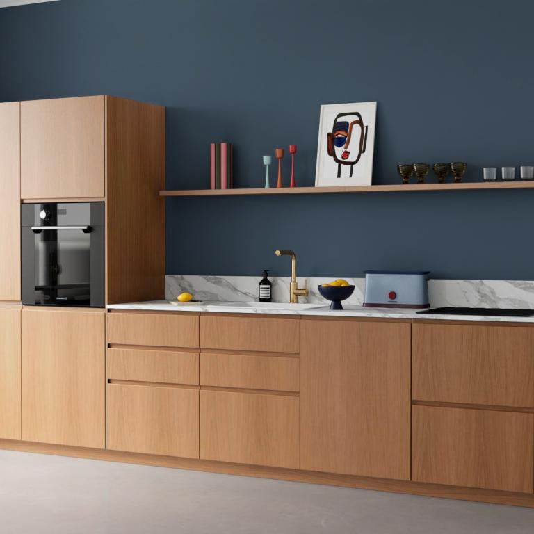 A kitchen with a floating shelf