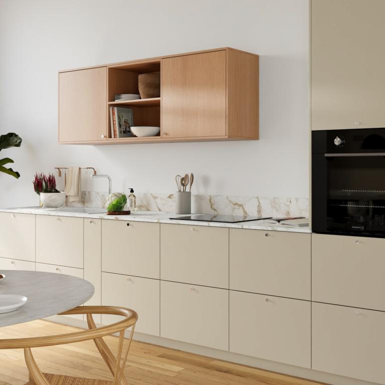 A kitchen with floating cabinets