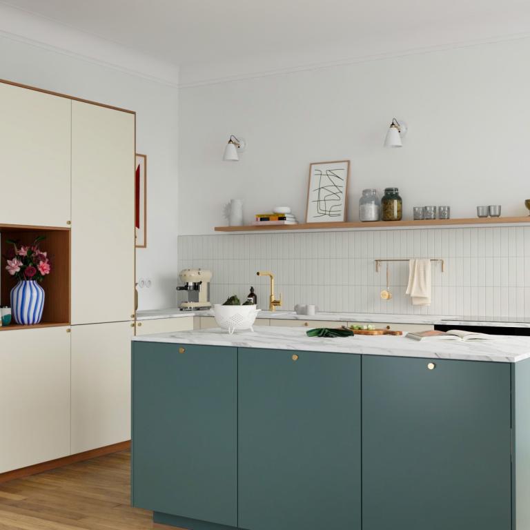 A kitchen with a large column cabinet