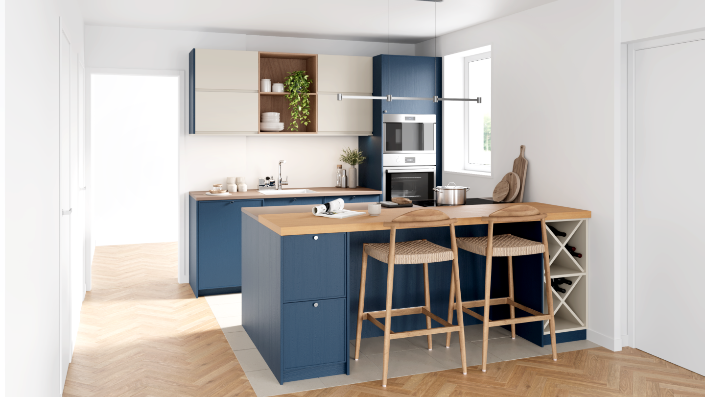 plum living Küche Blau 03 - Bleu gris, Beige 04 - Lin