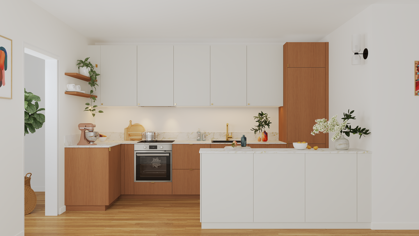 plum living Kitchen White 01 - Blanc pur, Honey oak
