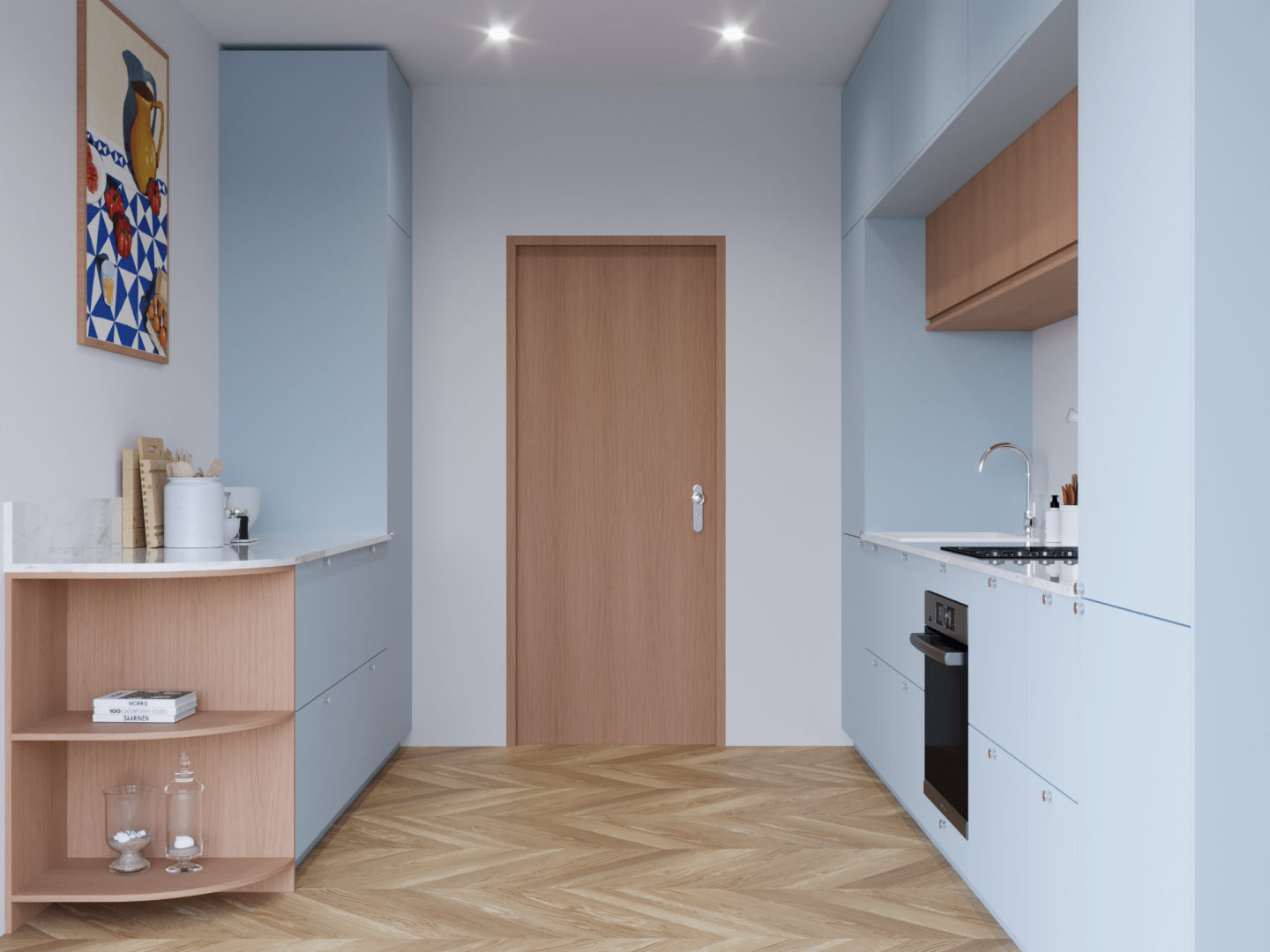 plum living Kitchen Blue 04 - Ciel voilé, Honey oak
