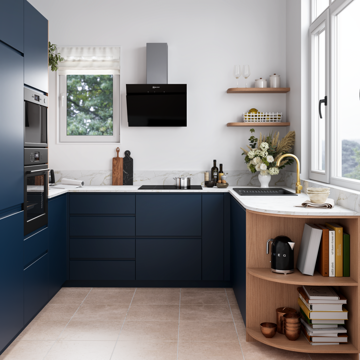 plum living Cuisine Chêne naturel, Bleu nuit