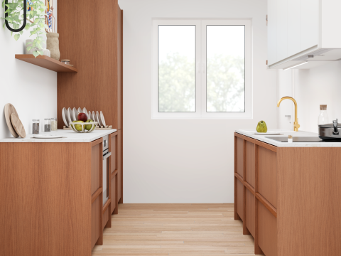 plum living Küche Weiss 01 - Blanc pur, Honig Eiche