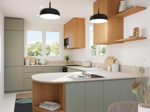 plum living Küche Grün 03 - Vert de gris, Honig Eiche