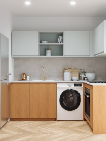 plum living Kitchen Green 01 - Amandier grisé, Honey oak