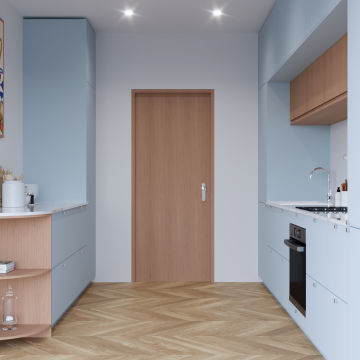 plum living Kitchen Blue 04 - Ciel voilé, Honey oak